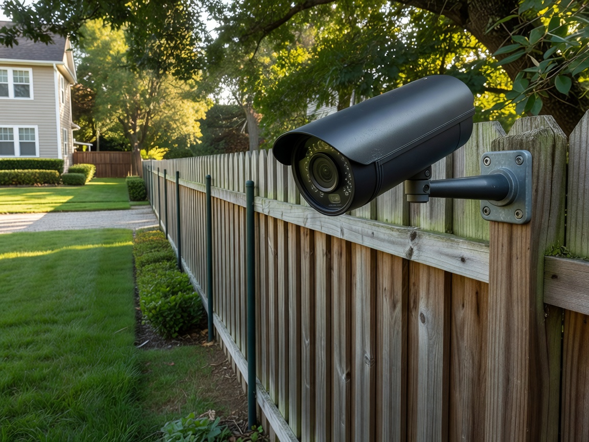 Weatherproof IP67 outdoor security camera mounted on residential perimeter wall along boundary fence