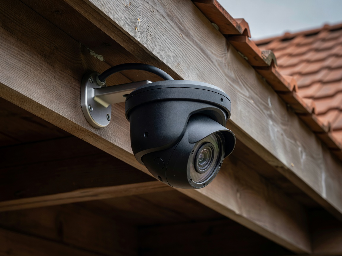 Close-up photograph of a weatherproof outdoor turret security camera mounted under a residential roof eave