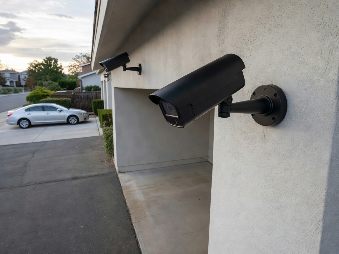 Outdoor security camera mounted on exterior corner of garage observing residential driveway approach