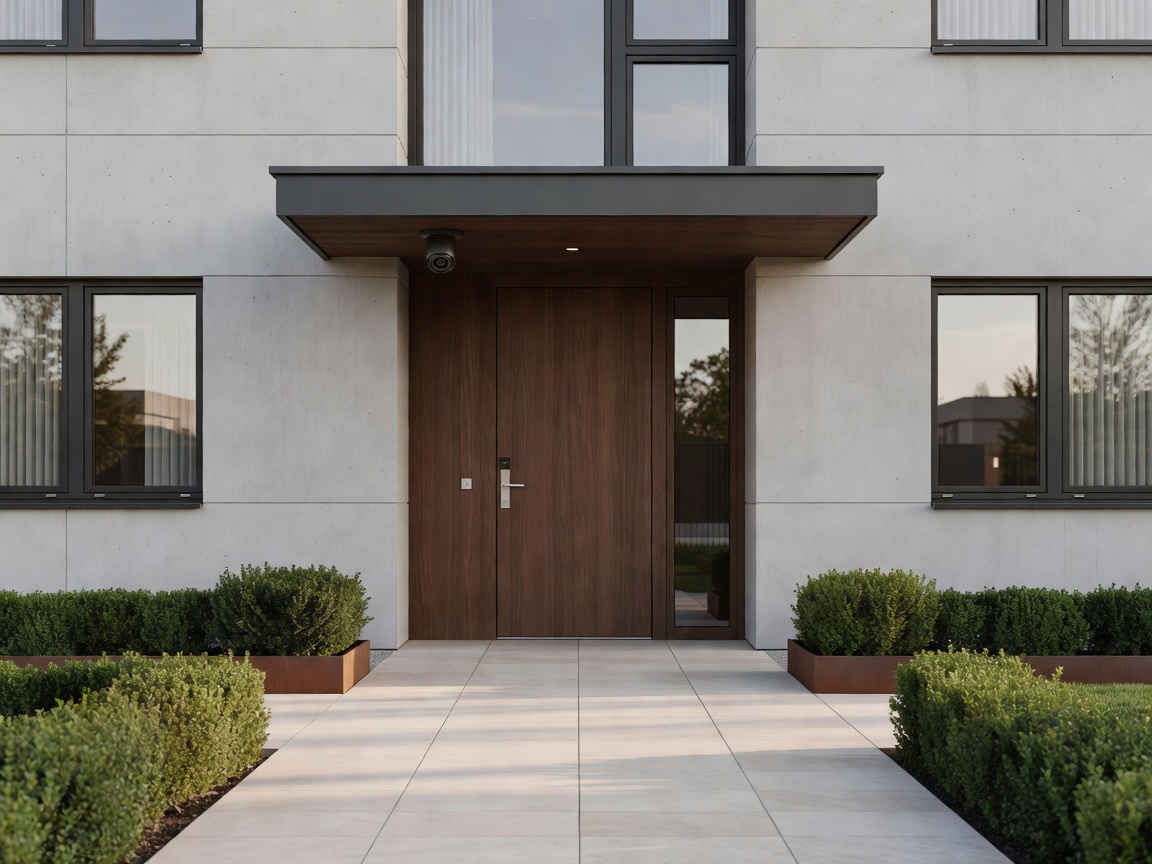 Modern German detached home entrance with discreet outdoor security camera mounted under canopy
