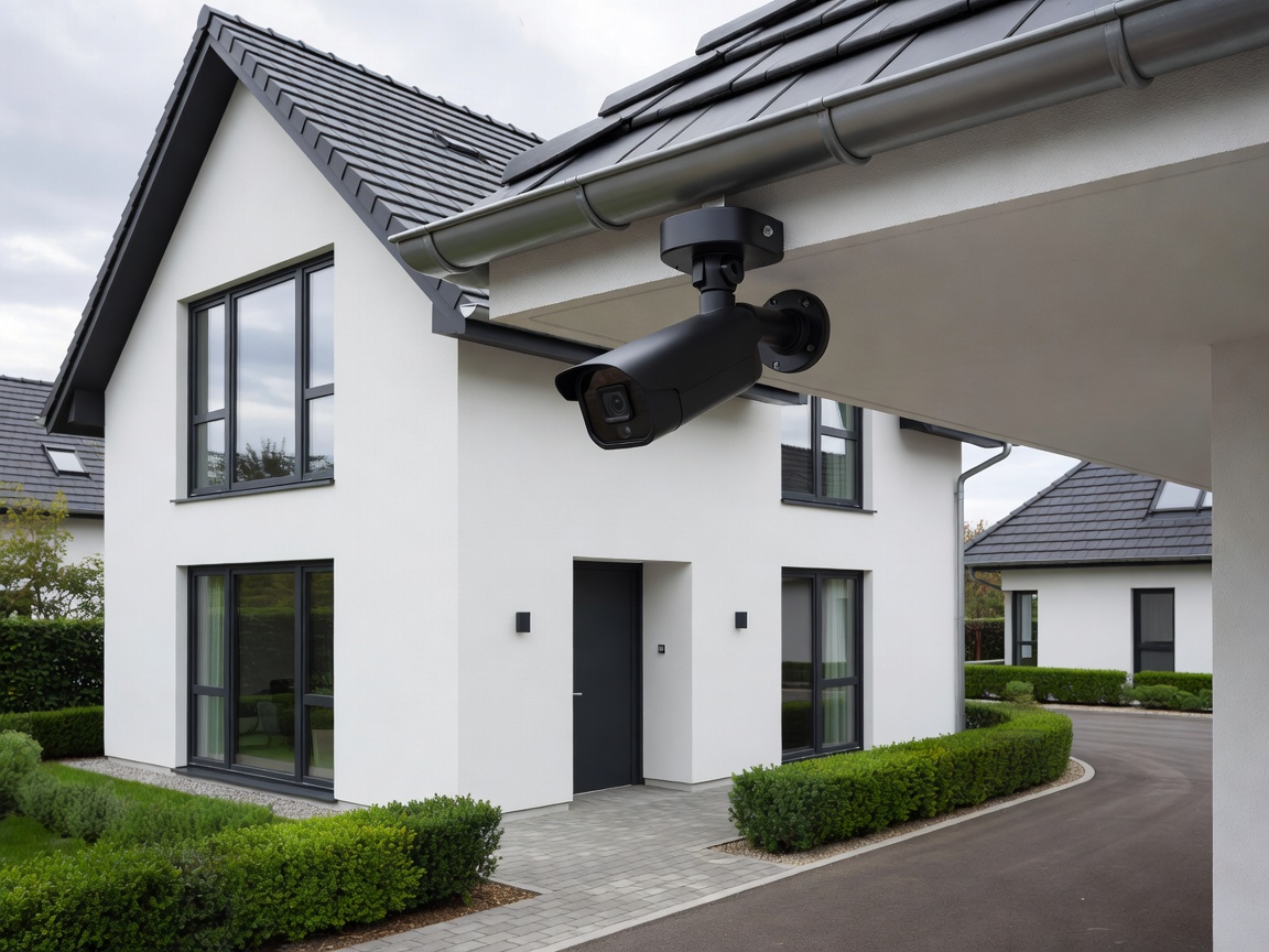 Modern German detached home with a weatherproof outdoor security camera professionally mounted beneath the roof eave overlooking entrance and driveway