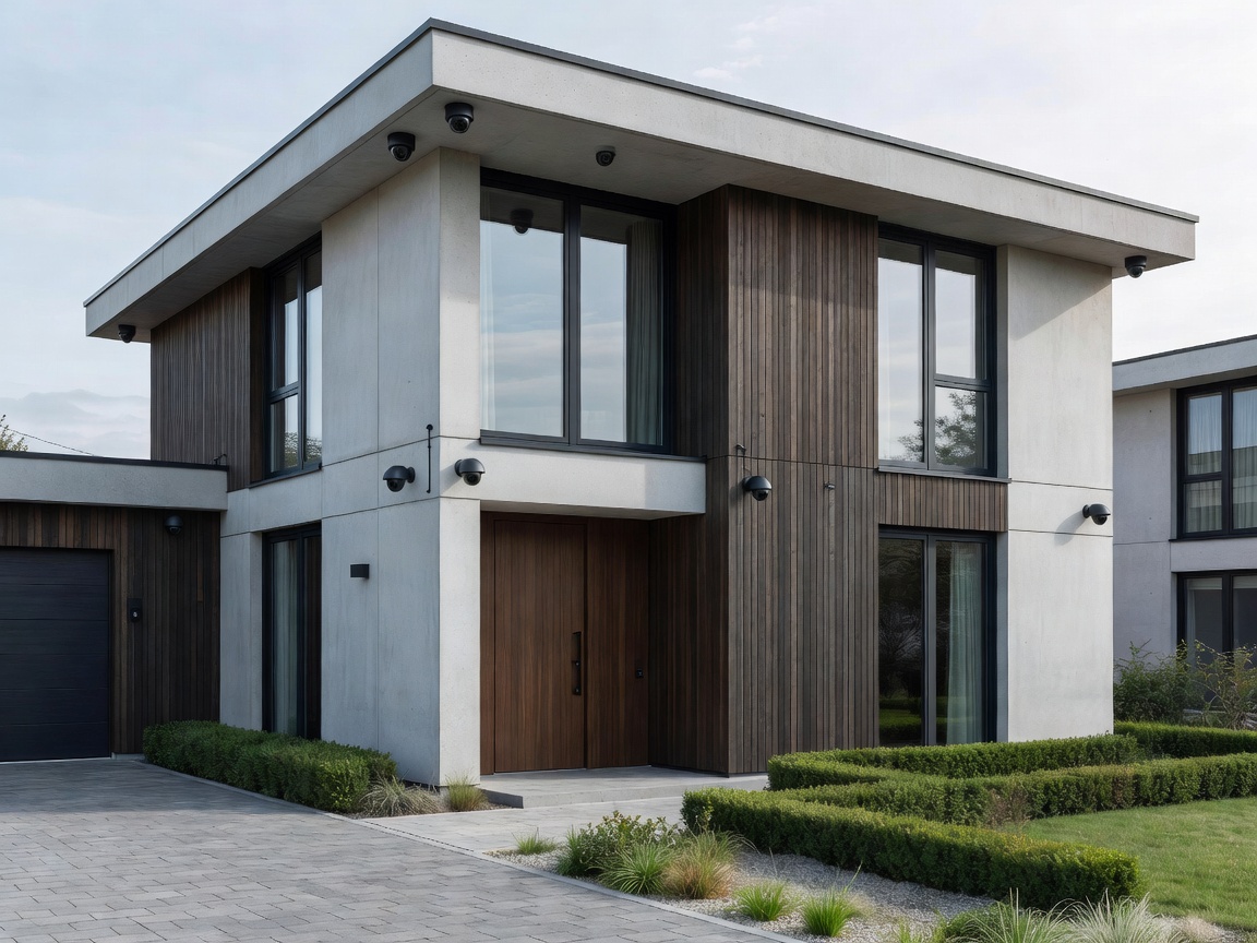 Modern German residential property exterior with synchronized multi-camera outdoor security installation