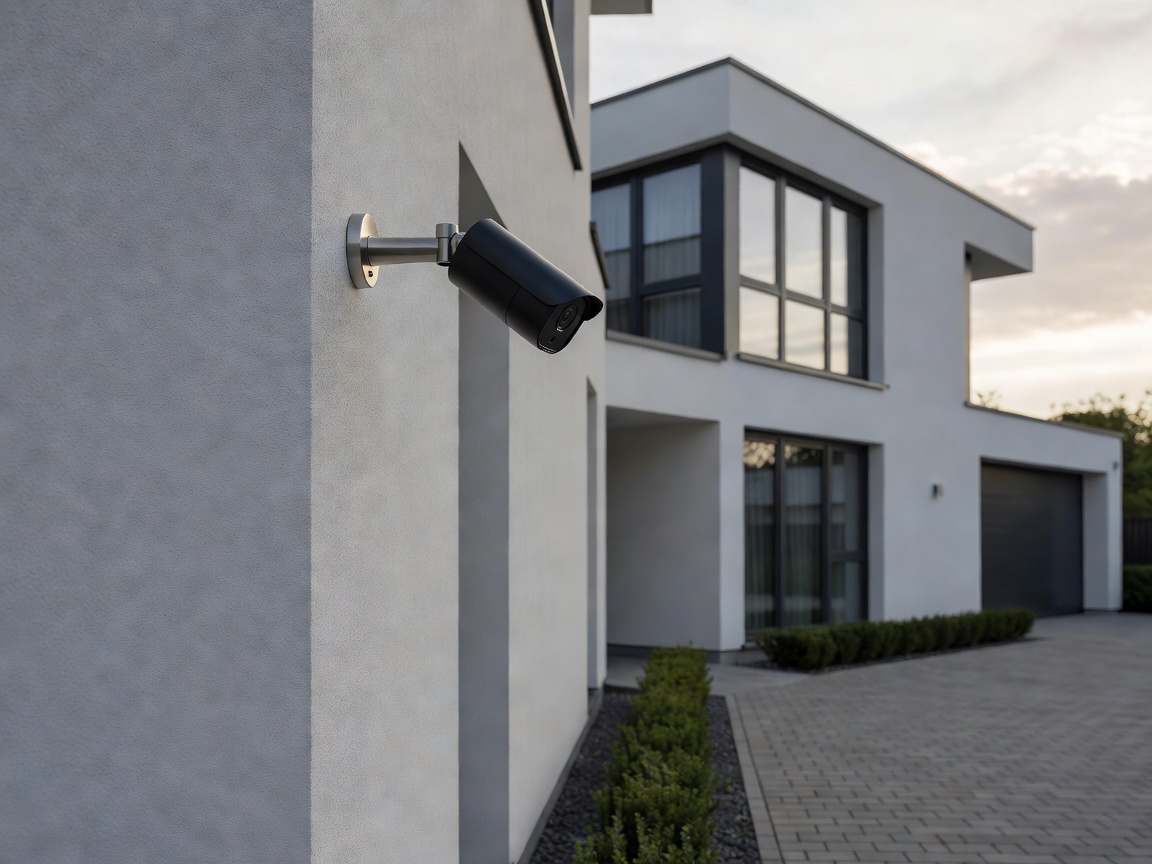 Modern German home exterior with architectural outdoor security camera flush-mounted to exterior rendered wall