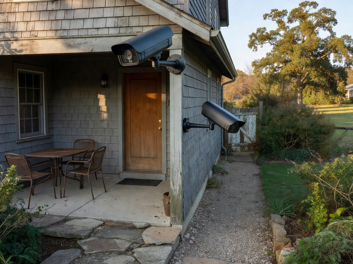 Outdoor security camera installed on residential rear facade overlooking ground-level back entrance and terrace