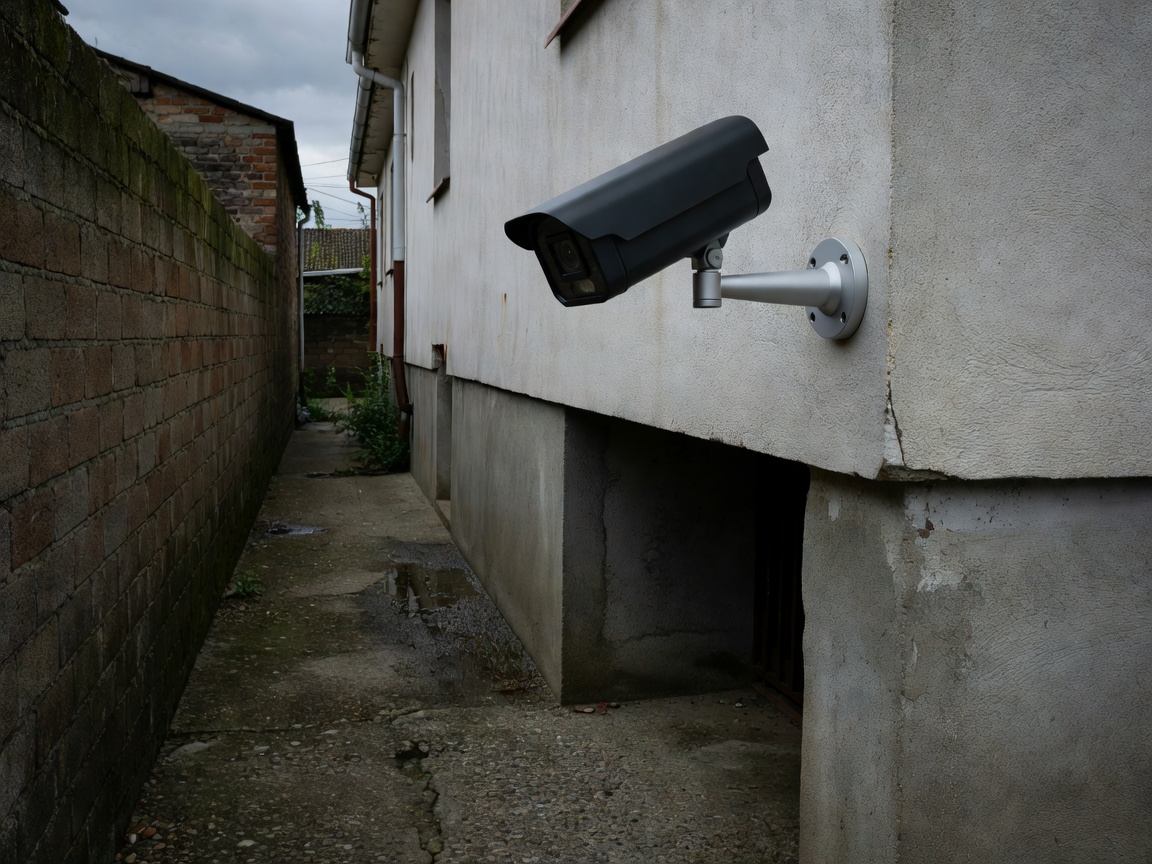 Outdoor security camera mounted on exterior house corner overlooking narrow side access passage