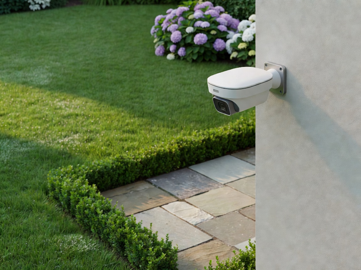 Outdoor security camera mounted on residential exterior wall overlooking backyard garden and patio