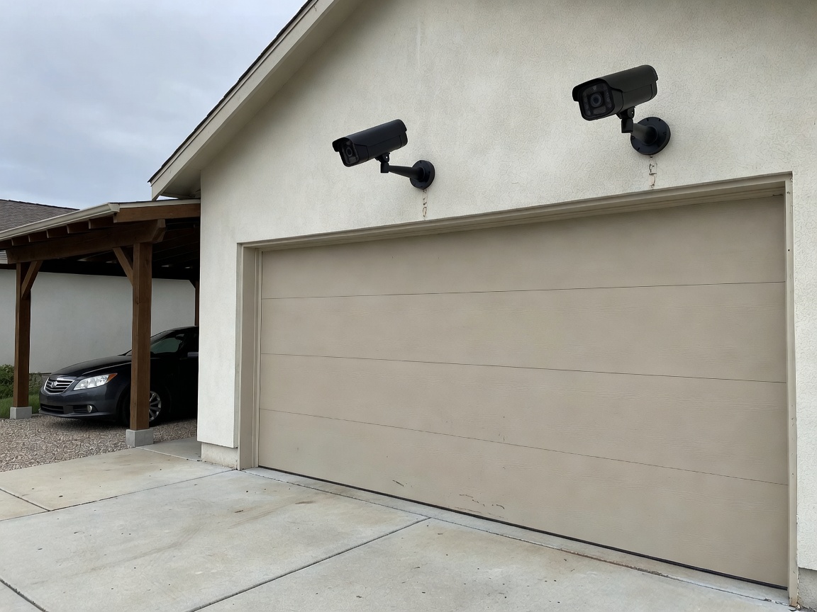 Weatherproof outdoor camera mounted above residential garage door entrance facing driveway
