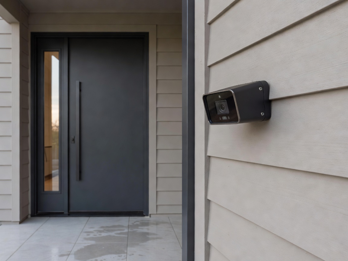 Weatherproof outdoor security camera installed above residential front door entrance